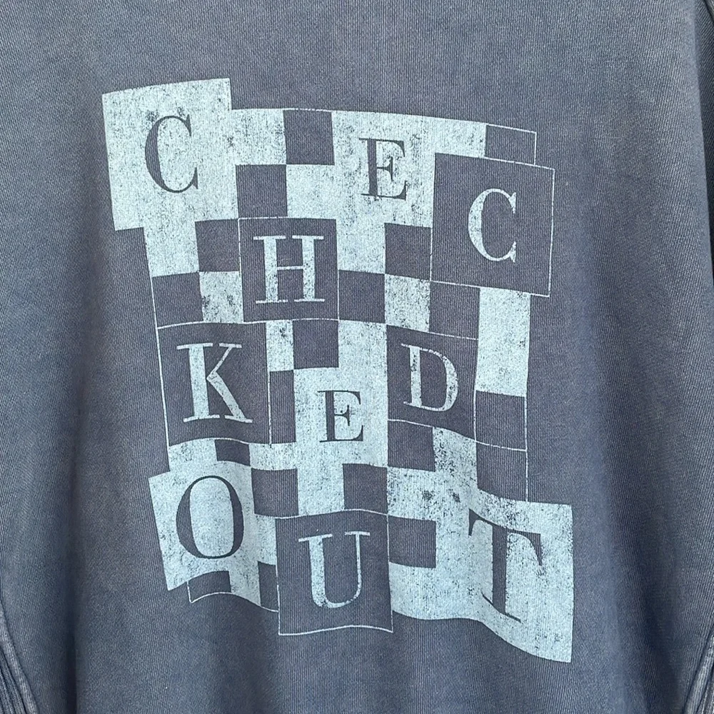 AERIE Down-To-Earth Crewneck Sweatshirt Checked Out Faded Blue Ribbed Oversize S - Picture 2 of 15